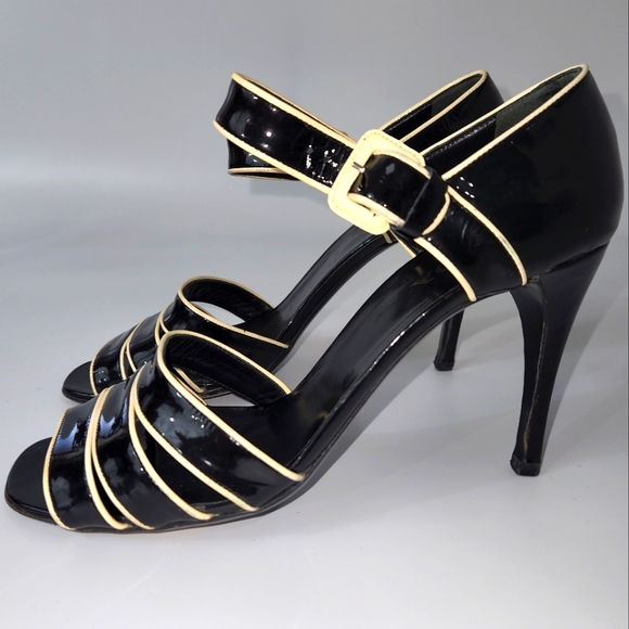 Prada Patent Leather Black Cream Heels Sandals Size EU 38 - Picture 3 of 16